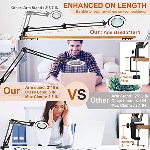 VEEMAGNI 5 Inch Large Magnifying Glass with Light and Stand, 5 Color Modes Stepless Dimmable, 2*16 Inch Swivel Arm LED Clamp Desk Lamp, Hands Free 10X Lighted Magnifier for Close Work Crafts Soldering