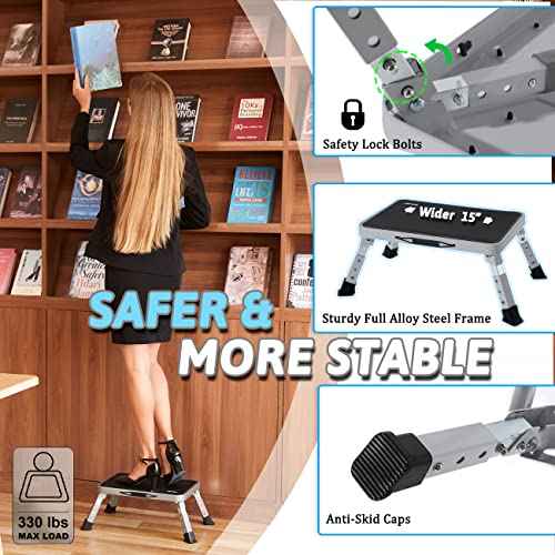 Double Elite 3 Levels Adjustable Folding Step Stools for Adults, Sturdy Metal RV Step, Safer Foldable Small Kitchen Stepping Stool for Kids Seniors Bed, Multi-Use Office Foot Stool Under Desk