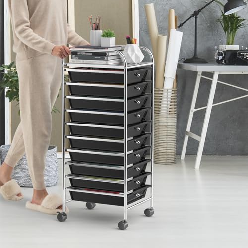 OfficeJOY Black 10-Drawer Rolling Storage Cart with Lockable Wheels & Handles