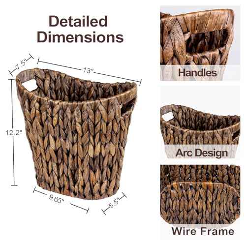 FairyHaus Wicker Waste Basket with Handle, Hand-Woven Water Hyacinth Trash Can for Bathroom Bedroom, Brown Wicker Storage 13 x 7.5 x12.2