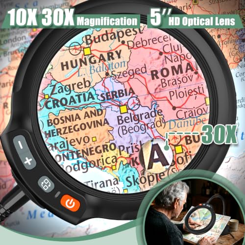 Haotor Black 30X 10X Large Magnifying Glass with Light & Stand, 5-Inch HD Lens, Dimmable LED Desk Lamp