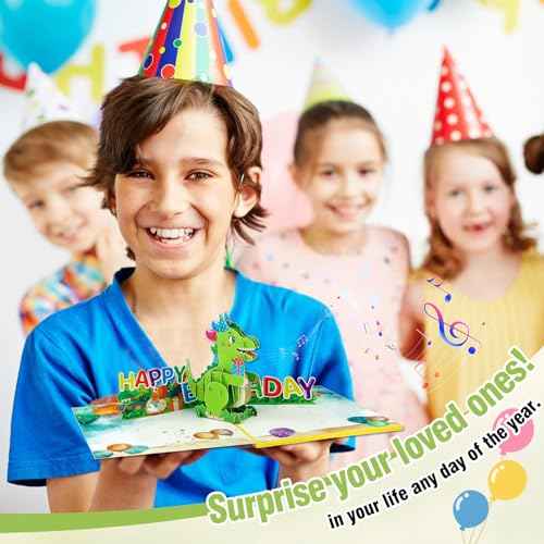 FaCraft Dinosaur Musical Birthday Cards for Kids - Music and Lights 3D T-Rex Handmade Pop Up Birthday Cards with Envelope, Blank Insert, Bday Gift for Boys Girls Son Daughter Grandson Toddler Nephew