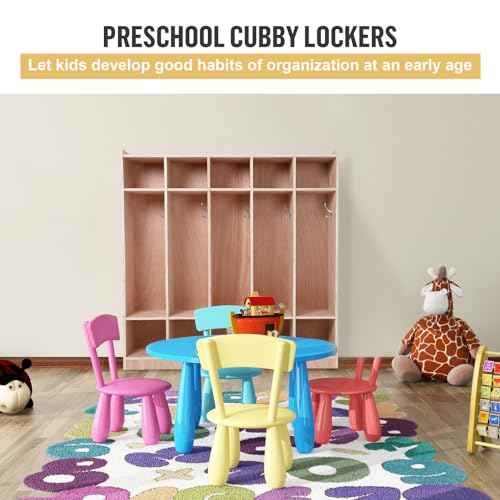 Garvee 5-Section Classroom Coat Locker, 10 Cubbies w/Anti-tip Kit for Classrooms, Daycare Cubby with 4 Casters, 5 Hooks and 2 Storage Boxes, for Home, School, Kindergarten