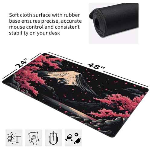 Extra XXXL Japanese Cherry Blossom Gaming Mouse Pad, Watercolor Mouse Pads Keyboard Mat, Stitched Edges Mousepad, Non-Slip Rubber Base Desk Mat for Office & Home (48x24 Inch)