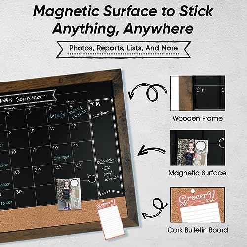 Loddie Doddie Chalk Board Calendar for Wall & Bulletin Combo - 18 x 24-Inch Rustic Frame - Writable Chalk Calendar Surface, Magnets & Push Pins - Menu Board for Kitchen