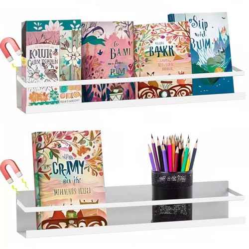 Metal Magnetic Book Shelf for Whiteboard, Metal Magnetic Bookshelf, Book Display Shelf for Teacher Kids Classroom Office (White)