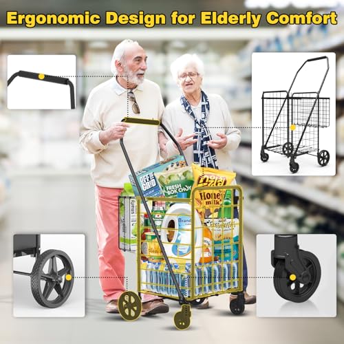 Folding Shopping Cart with 360¡Æ Rolling Swivel Wheels - Foldable Grocery Cart with Double Basket & Waterproof Liner, Portable Heavy Duty Utility Carts for Laundry