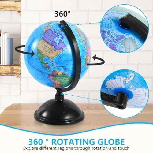 8 Inch World Globe with Stand Rotating Earth Spinning Globe for Kids Geography Classroom Education or Decorations (Blue)