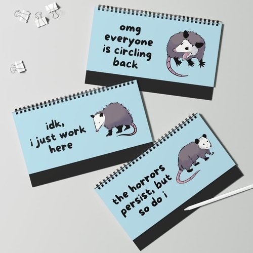 Opossums At Work Desk Sign - Funny 12-Page Spiral Flip Stand | 10x5 Inch Professional Mood Display