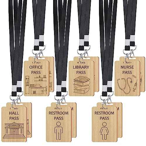 Yeaqee 12 Set Hall Pass Lanyards Restroom Pass Unbreakable Wooden Hall Passes for Office Nurse Home Library Gift Supplies(Black)