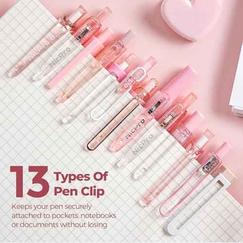 Nicpro 13 Pack Pink Gel Pens Set, Fine Tip Black Ink Pen with 1 Highlighter, Cute Pen for Journaling, Back to School Office Supplies for Teacher Student Gift, Pink Desk Accessories for Girl Stationery