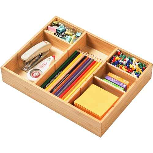Umilife Desk Drawer Organizer, Bamboo Wood Organizer Tray with Adjustable Compartments, Office Desk Accessories Supplies Organization Storage, 12" x 9"
