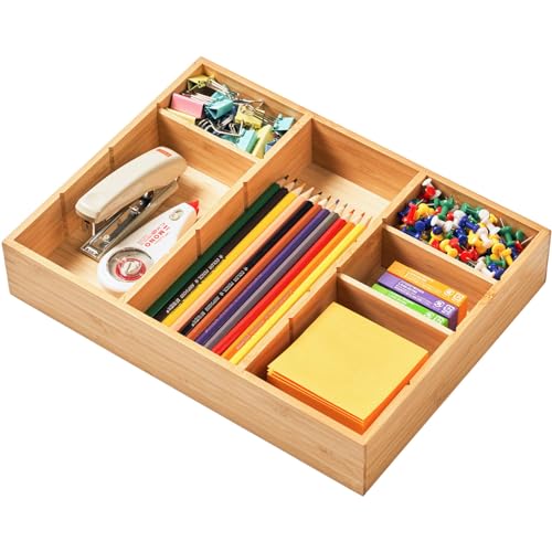 Umilife Bamboo Desk Drawer Organizer 12x9 Inches with Adjustable Dividers
