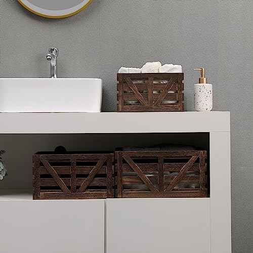 Wooden Storage Crates Nested Crates Set of 3 (Large,Medium,Small),Farmhouse Decorative Boxes with Handles for Home Organization,Display,Brown Wood Crates