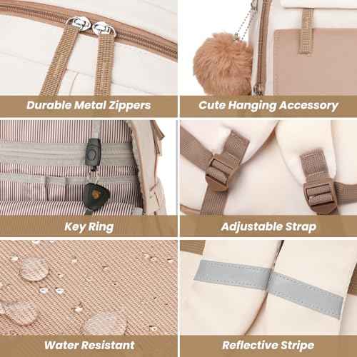 School Backpack for Teen Girls, Cute College Backpacks for Women Students Aesthetic Bookbag Large 15.6 Inch Laptop Bag Middle School Travel Back Pack (Khaki Beige)