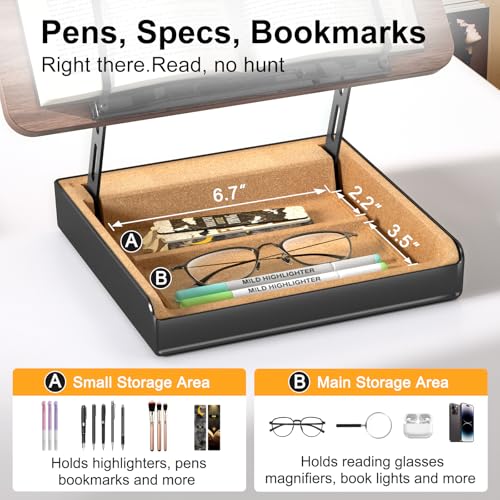 Book Stand with Storage, Book Holder for Reading Hands Free, Wooden Cookbook Stand for Kitchen Counter, Adjustable Reading Stand for Desk, Recipe Stand, Book Prop for Book Lovers