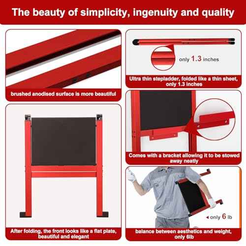 Folding Step Stool,Aluminum Ultra Thin Stool,400 Lbs Capacity Heavy Duty with Anti-Slip Sturdy and Wide Pedal,Closet Step Ladder for Home,Kitchen,Office and Dorm Bed (Red)