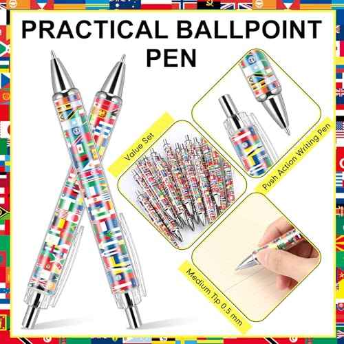 Janlaugh 100 Pcs International Flag Pens World Ballpoint Retractable Country Flags Pens Bulk Multicultural Party Favors Decoration Gift for School Sports Events Home Office Supplies