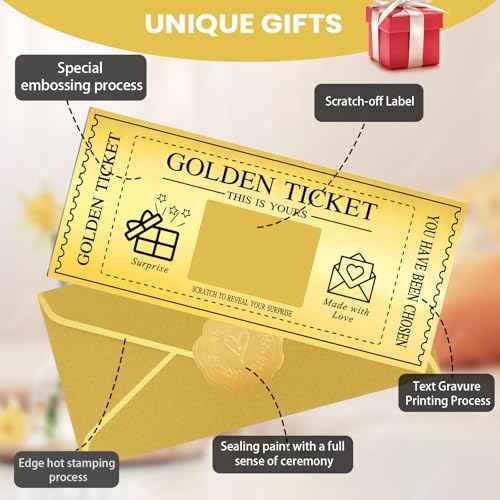 6 Sets Golden Ticket with Envelopes, Scratch off Card Surprise Gift Reveal, Card as Perfect for Birthday Card Wedding Card Concert Ticket Cinema Voucher Raffle Gift
