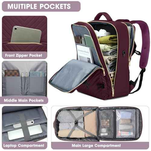 Large Carry On Travel Backpack - Flight Approved Waterproof Luggage Suitcase Backpack Personal Item Size for Women Men Fit 17 Inch Laptop College Overnight Bag Anti-Theft Weekender Daypack Dark Purple