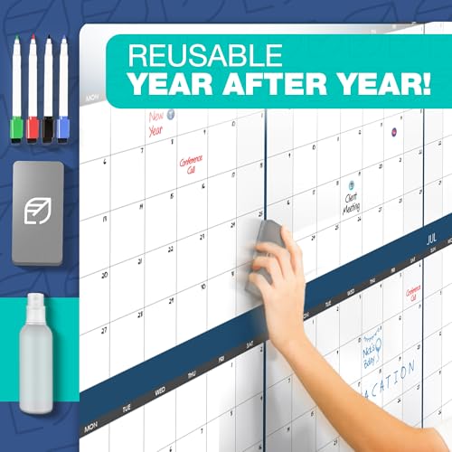 Large Dry Erase Calendar for Wall, 48" x 74" - Undated, Yearly, Reusable - Full 12 Month Year - Includes Markers, Eraser & Accessories
