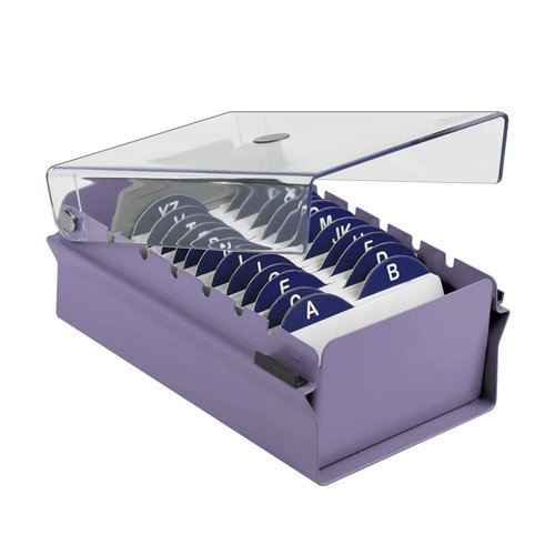 Acrimet Index Business Card Size File Holder Organizer Box Metal Base Heavy Duty (AZ Index Cards and Divider Included) (Purple Color with Clear Crystal Plastic Lid Cover)