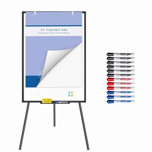 VIZ-PRO Magnetic Whiteboard Easel/Portable Dry Erase Board Black, 36 x 24 Inches, with 1 Flipchart Pad & 1 Dry Eraser & 14 Markers & 4 Magnets