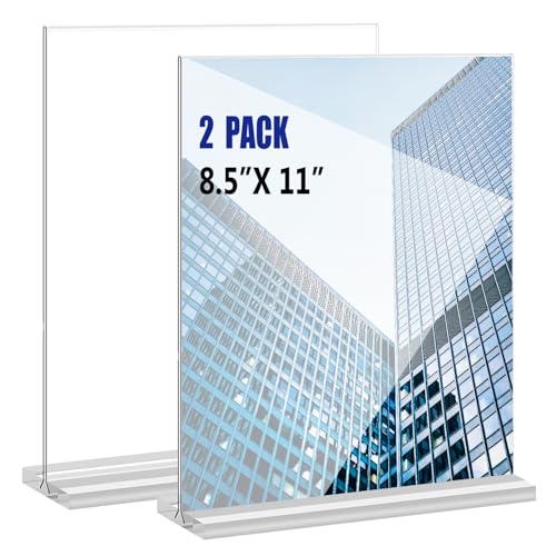 Acrylic Sign Holder 8.5x11 Inches 2 Pack T Shape Desktop Display Stand Vertical Double Sided Clear Table Menu Flyer Holder for Restaurants, Office, Shop, Wedding