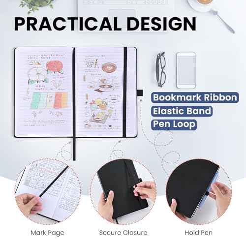 SUIN Lined Journal Notebook, Leather Hardcover Journal for Work, School, Travel, 100 GSM Paper, 160 Pages, 5.5x8.3 Inch, College Ruled, Black, 1-Pack