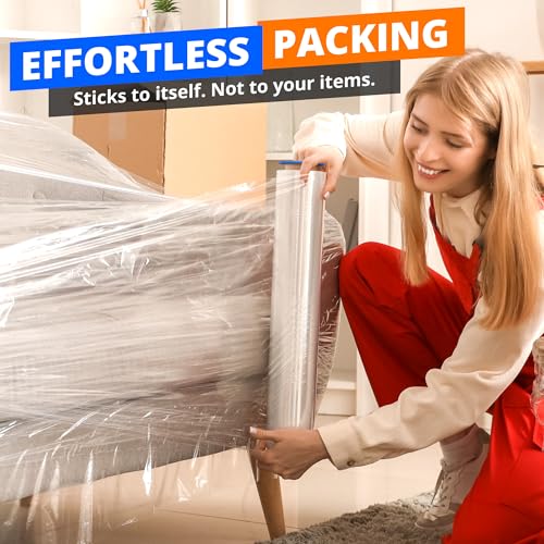 Lifetime Supplies 4 Pack Heavy Duty Clear Plastic Stretch Film 18" x 1500 Ft 80 Gauge - Industrial Shrink Wrap with Holder Included