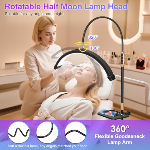 Half Moon Light, Lash Light for Eyelash Tech, LED Floor Lamp for Eyelash Extensions, Nail Art, Tattoo Art and Skincare, Adjustable Color Modes and Flexible Gooseneck, with Tray - Black