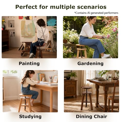 DJAR Adjustable Wooden Drafting Stool with 12" Seat | Natural Beech Wood