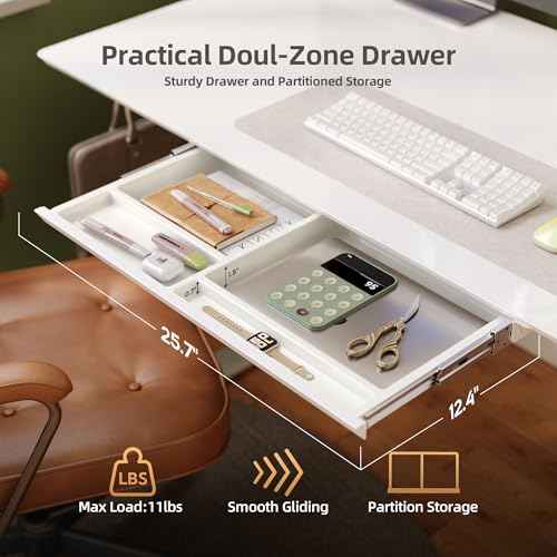 INNOVAR Glass Standing Desk with Drawers, 48¡¿24 Inch Adjustable Stand Up Desk Quick Install Home Office Computer Desk, White