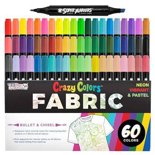 U.S. Art Supply Super Markers 60 Primary, Pastel & Neon Dual Tip Fabric Markers - Fine & Chisel Point Pens Fabric Marker Permanent for Clothes, T-Shirts - Permanent Ink Eye-Catching Colors