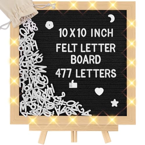 Black Felt Letter Board with LED Lights, 10x10 inch Changeable Message Sign