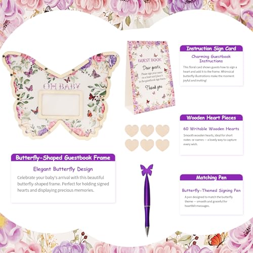 Butterfly Baby Shower Guest Book Set with Frame, 60 Wooden Hearts, Pen – Purple Butterfly (Threelf)