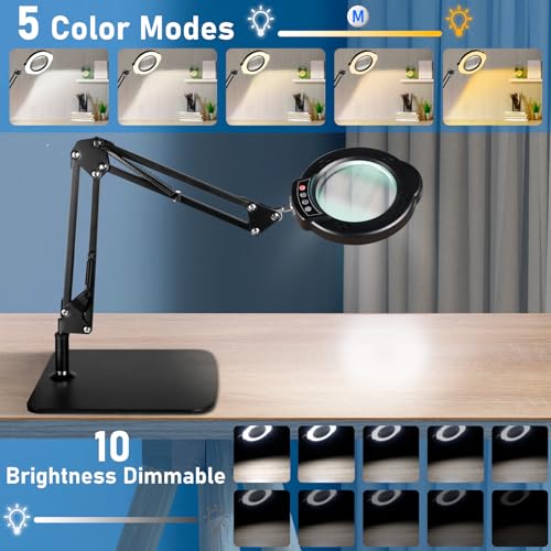 10X Magnifying Glass with Light and Stand, LED Desk Lamp with Base and Clamp, 5 Color Mode, 10 Dimmable Levels, Hands Free for Reading Crafts Jewelry Sewing Close Work