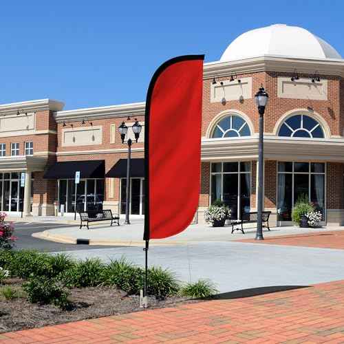 LookOurWay Feather Flag Pole Kit - 7 Feet Tall Advertising Flag Banner with Fiberglass Pole Set and Ground Spike for Business Promotion - Solid Colors - Red