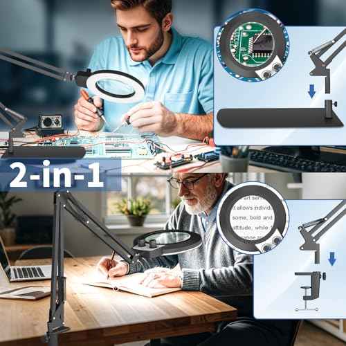10X Magnifying Glass with Light, 2024 New Upgrade Infinite Color and Brightness Magnifying Desk Large Lamp & Clamp, 2-in-1 LED Hands Free Lighted Magnifier Stand for Craft Hobby Close Work Soldering