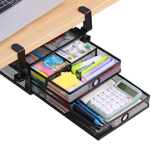 2-Tier Clamp-On Mesh Organizer, Under Desk Storage with Slide-Out Tray, No Drilling Tool-Free Installation, Durable Rust-Resistant Metal, Large-Capacity Organizer.