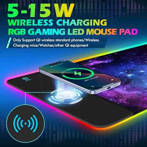 ToLuLu RGB Gaming Wireless Charging Mouse Pad, 7.5/10/15W 10 Light Modes LED Mouse Pad Computer Keyboard Mat Mousepad, 800x300x4MM Extended Large Desk Mat for MacBook, Laptop, PC, Purple Galaxy Space