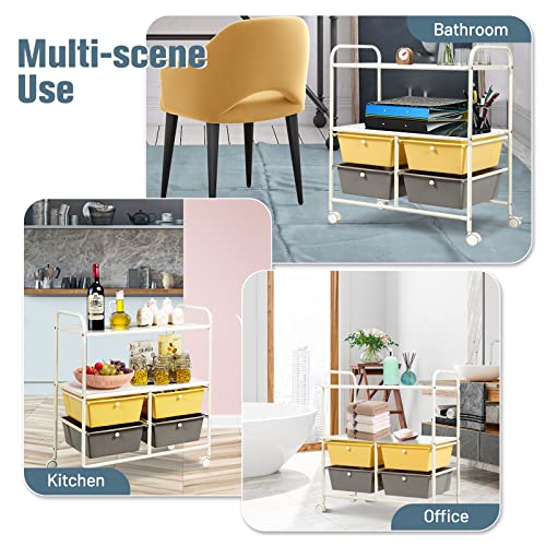 COSTWAY 4-Drawer Storage Cart, Mobile Storage Organizer w/Steel Frame & 360¡Æ Wheels, 4-Drawer Utility Cart for Living Room, Kitchen, Bathroom & Office, Yellow & Gray