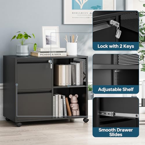 MIIIKO Metal 2-Drawer Lockable File Cabinet with Locking Drawers and Mobile Casters
