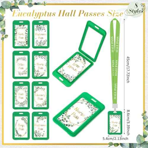 Ctosree 8 Set Eucalyptus Hall Pass Lanyards and School Passes Set Unbreakable PVC School Supplies Teacher Supplies for Classroom Elementary Middle Restroom Library Office, Green
