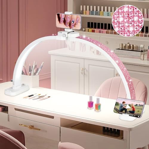 HITTI Super Large 31in Half Moon Light for Nail Desk, Foldable Arch Light for Nail Tech Lamp with Phone Stand, LED Table Lamp for Manicure, Handicraft, Art, Eyelash Extension (Crystal Diamond) -White