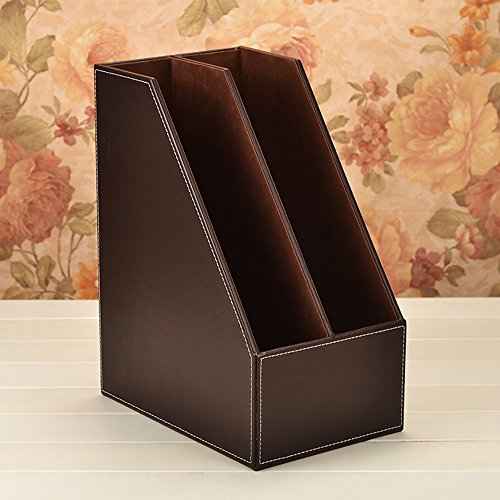 Vertical Style,Leather Magazine Holder Office Desk Organizer File Document Tray Box Bookends Book Stand (Coffee (2 Slot))