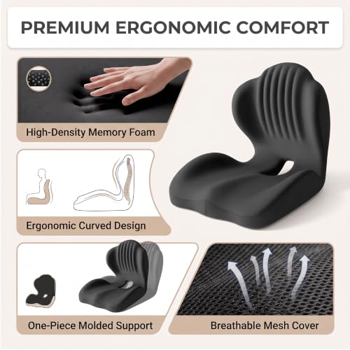 LuminaSleep Memory Foam Seat Cushion with Lumbar Support, L-Shaped, Black, Large