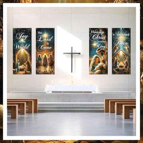 4 Pcs Church Banners with Scripture for Sanctuary Wall, Christian Praise Worship Bible Signs for Religious Festivals, Church Event, Communal Prayers, Back to School(Nativity)