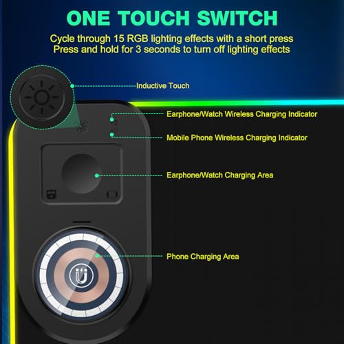 RGB Gaming Mouse Pad Wireless Charging Desk Mat with Foldable Phone Stand, Large LED Gaming Mat 800x350x4mm, 15 Light Modes, Waterproof, Keyboard Pad for PC Computer, Includes 20W PD Power Adapter