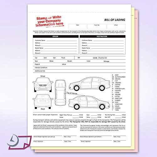 NextDayLabels - Vehicle Transport Bill of Lading (BOL) Form, 3 Part Carbonless (100 Sets) Letter Size Forms